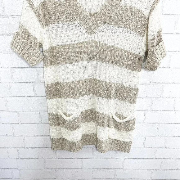 Lafayette 148 White & Tan Striped Open Knit Short Sleeve Sweater Linen + Cotton - Picture 4 of 8